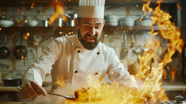 Chef flamb&eacute;ing a dish on a professional kitchen