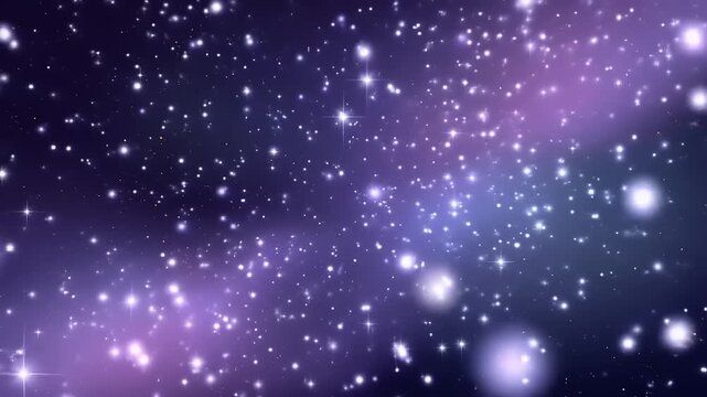 A celestial scene depicts countless stars scattered across a cosmic, purple-blue gradient