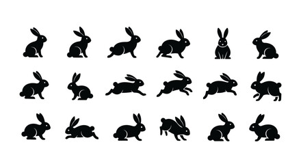 Fototapeta premium inimalist flat vector illustration set of rabbit silhouettes in various poses.