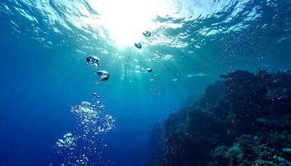 A serene underwater scene with sunlight filtering through the water