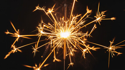 Fototapeta premium Vibrant sparks fly from burning sparkler in darkness