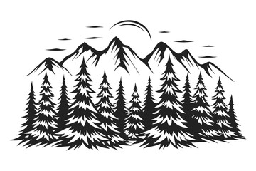 Dense Pine Forest Vector Silhouette at Sunrise, Atmospheric Wilderness Scene © Shimul