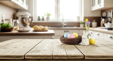 Easter decorations on a rustic kitchen table on easter day