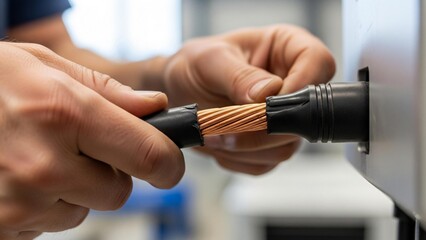 Hands connecting electrical wires to a device in an industrial setting