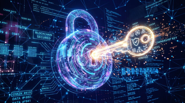 A concept image of a glowing key unlocking a transparent digital lock floating in cyberspace. Symbolizes blockchain security, digital access, and data ownership.