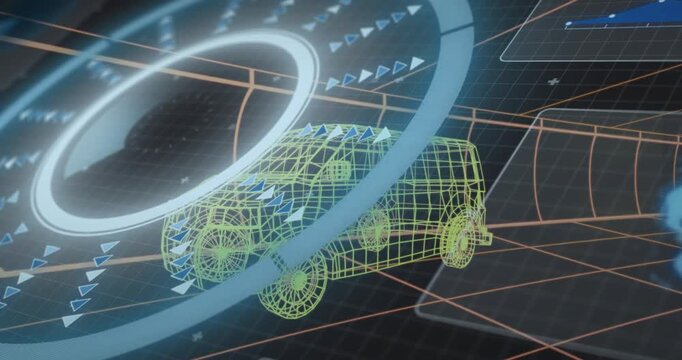 Glowing HUD dial starting clockwise sweep, orbital band crossing car, chevrons indicating data scan