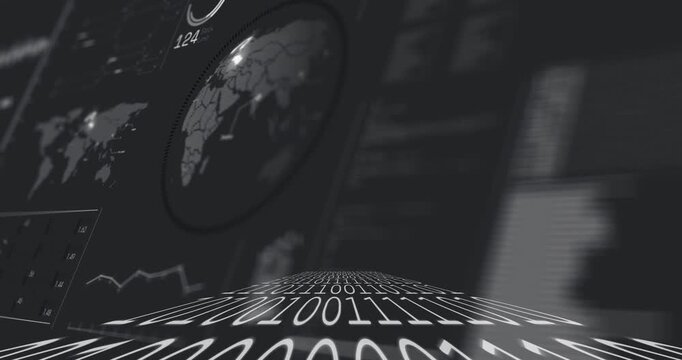 Curved binary grid pulsing, pulse starting, map highlights shifting, globe rotating, showing trends