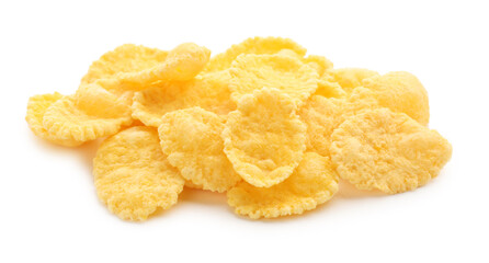 Tasty crispy corn flakes isolated on white