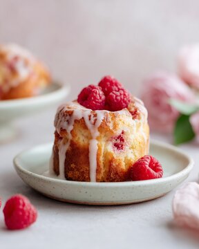 Raspberry popover with delicate golden crust topped with fresh raspberries and icing on a light green plate, soft pink background with floral elements visible