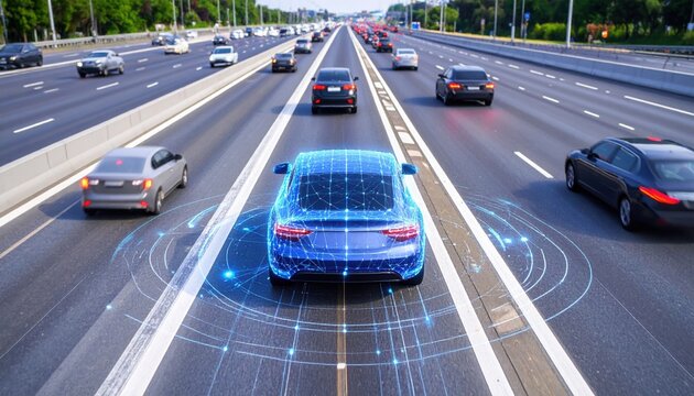 Blue autonomous car with digital network overlay driving on busy multi lane highway surrounded by various modern vehicles