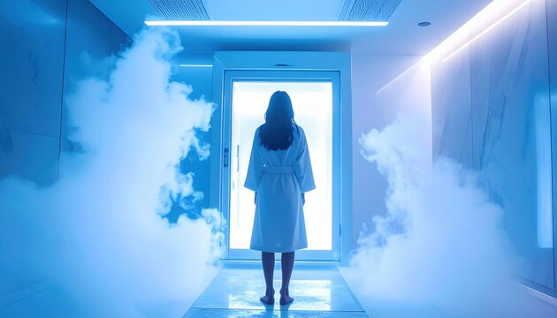 Woman in white robe standing at entrance of cold cryotherapy chamber filled with thick freezing nitrogen mist