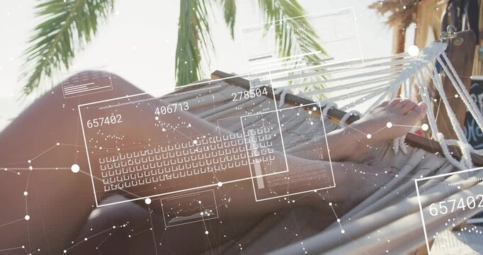 Woman resting on hammock as tech overlay activating animating data boxes across torso for analysis