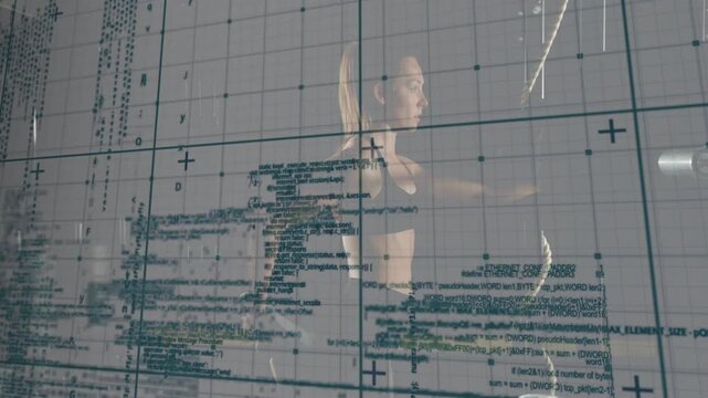 Woman initiating arm twists after projected grid and code appearing, supporting motion analysis