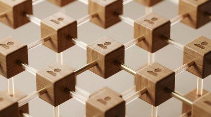Fototapeta premium Close up of interconnected wooden blocks with human icons representing team networking