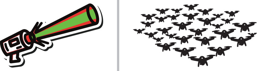 A high-tech vector set featuring a handheld device emitting a green and red laser beam alongside a black silhouette of a large swarm of drones flying in formation. © Muhammad