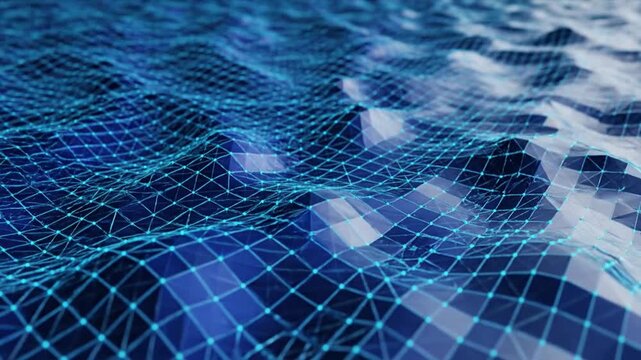 Abstract digital landscape with glowing blue wireframe grid representing data flow and network