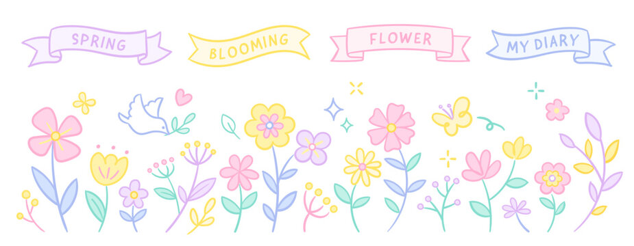 Cute Floral Elements with Ribbons and Bows for Wedding Invitation, Greeting Card Design, and Digital Planner Stickers