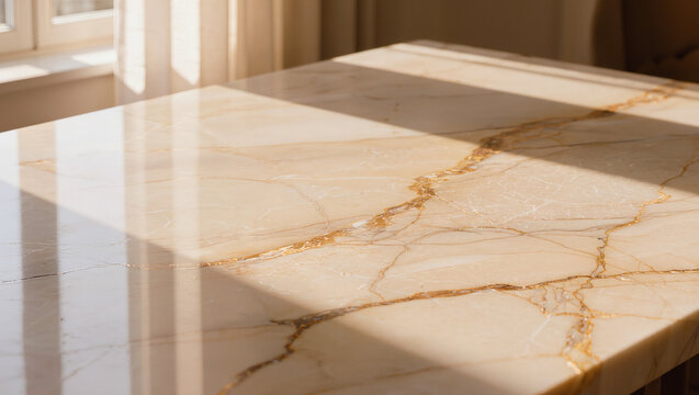 Sunlit Cream Marble Table with Golden Veins