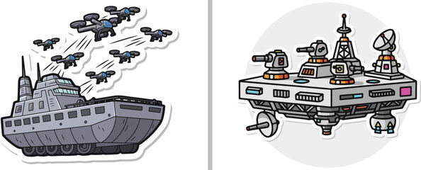 Sci-fi sticker set featuring a grey armored mobile command vehicle deploying a swarm of drones and a floating high-tech fortress platform armed with turrets and radar. © Muhammad