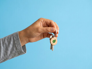 Hand holding house keys with wooden eco keychain on blue background, sustainability concept, copy space