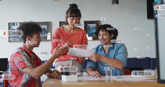 Woman offering top sheet, two peers reviewing papers for project planning, numeric badges animating