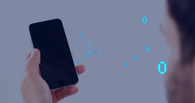 Cyan binary digits appearing, smartphone held left-hand shifting grip and tapping to reveal data
