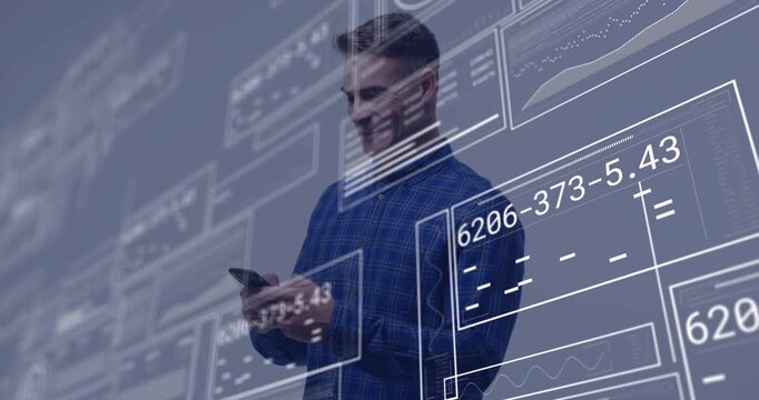 Adult man tapping smartphone in studio causing tech HUD charts overlapping him while analyzing data