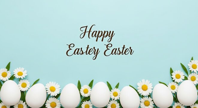 Happy easter day greeting with white tulips and daisies on light blue background