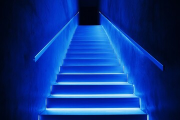 Fototapeta premium Illuminated staircase leads into darkness with blue light creating a surreal feel in a mysterious setting