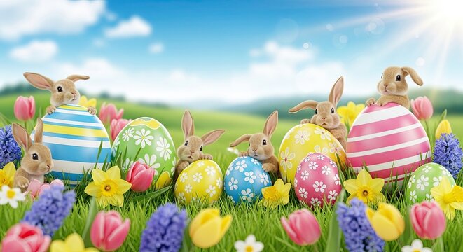 Ester day celebration with easter eggs and bunnies in a colorful flower field