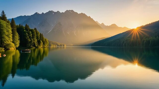A serene lake reflects the sun setting behind a mountain range, surrounded by lush green trees