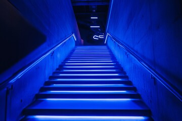 Staircase leading to unknown destination with blue lighting creates unusual scene at an indoor location