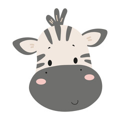 Obraz premium Cute cartoon zebra face with black stripes. Flat vector illustration of an african animal character isolated on white background for kids prints, nursery decor, stickers and design.