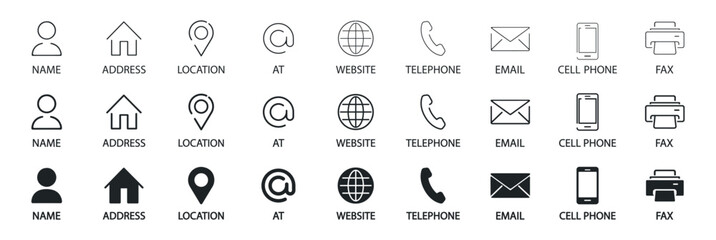 Business card and contact information icon set. Phone, email, address, location, website, fax, home symbols. Flat and line editable stroke vector icons for apps and business communication on transpare © Виталий Опришко