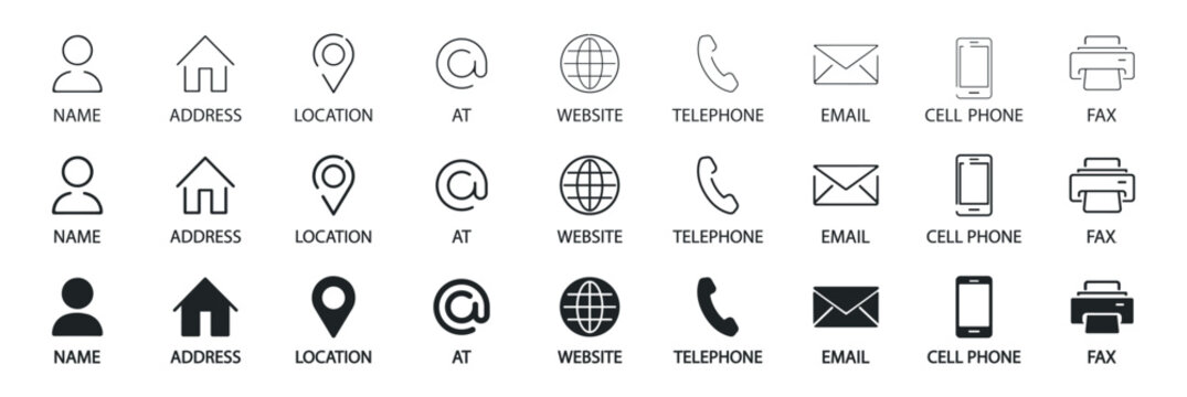 Business card and contact information icon set. Phone, email, address, location, website, fax, home symbols. Flat and line editable stroke vector icons for apps and business communication on transpare