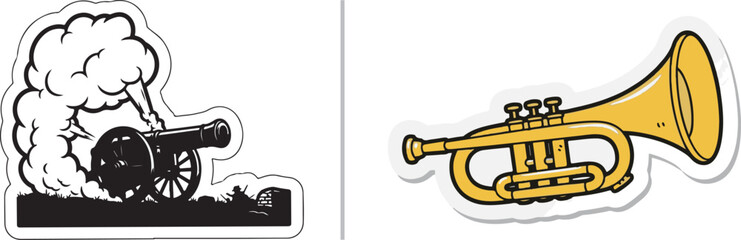 A dynamic vector illustration featuring a historic black cannon firing with a large smoke cloud alongside a bright yellow and gold brass trumpet sticker. © Muhammad