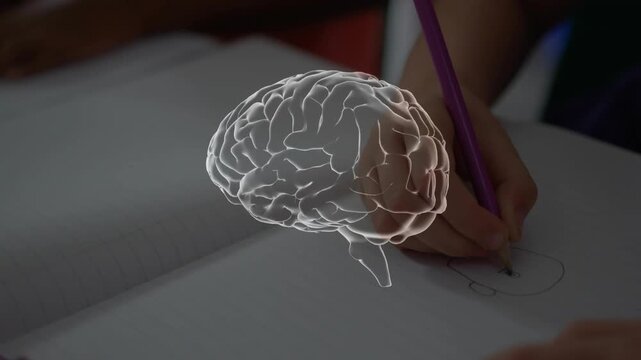 Hand appearing and sketching face while purple pencil guiding 3D brain rotating, showing learning