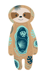 Fototapeta premium Cute stylized sloth decorated with ornamental tropical patterns. Cartoon vector illustration of jungle animal isolated on white background.