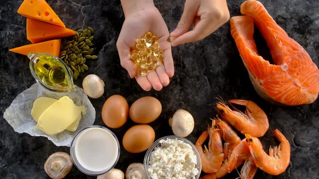 Foods containing vitamin D and omega 3. Selective focus. Food.