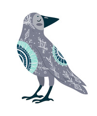 Fototapeta premium Stylized vector illustration of a crow decorated with ethnic ornamental patterns. Decorative bird isolated on white background.