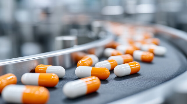 Orange white capsules aligned on automated pharma conveyor, sterile factory environment, modern medicine production line, sharp industrial detail