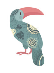 Fototapeta premium Stylized vector illustration of a toucan decorated with ethnic ornamental patterns. Tropical bird design isolated on white background.