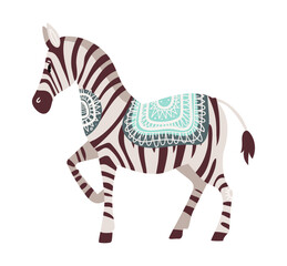 Fototapeta premium Stylized vector illustration of a zebra decorated with ornamental tribal patterns. Decorative wild animal isolated on white background.