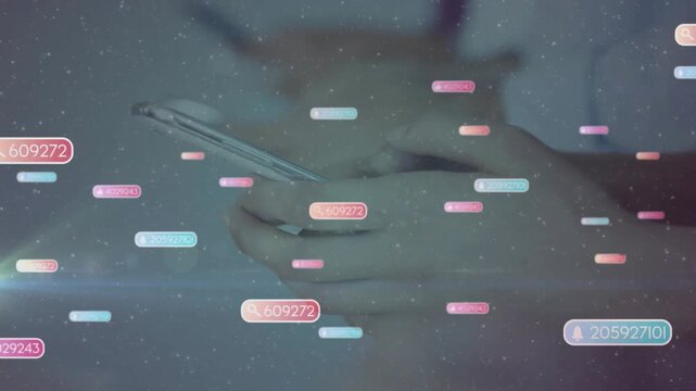 Hands cradling smartphone, tapping and swiping, launching UI labels drifting right, showing ID flow