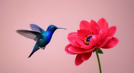 Obraz premium Hummingbird flying towards pink flower on pink background