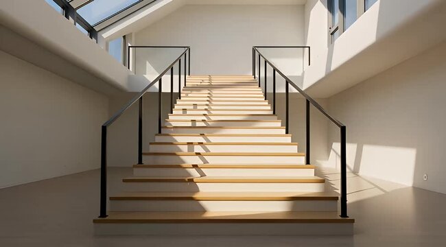 Elegant staircase with wooden treads, white risers, and black metal handrails in bright space