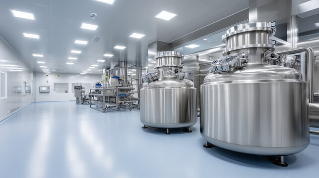Modern pharma production hall with sterilization modules and automated filling line, stainless machinery, ultra clean environment, precision biotech industry