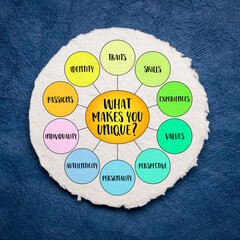 What makes you unique? Exploration of personal identity, talents, and experiences that set an individual apart from others, diagram infographics.