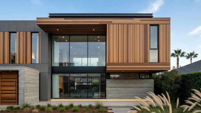 A modern, two-story house with a flat roof, featuring a combination of wood, stone, and glass elements, with a large window wall and a small front garden