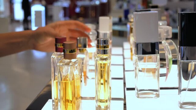 Customer's hand carefully selects a fragrance from an elegant display of perfume bottles at a luxury retail counter, testing different scents before making a choice in a department store